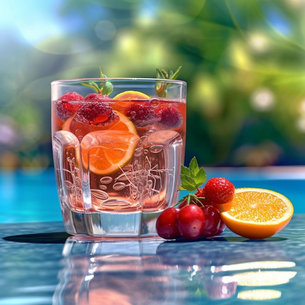 Фото Стакан фруктов и напиток с клубникой и апельсинами.
