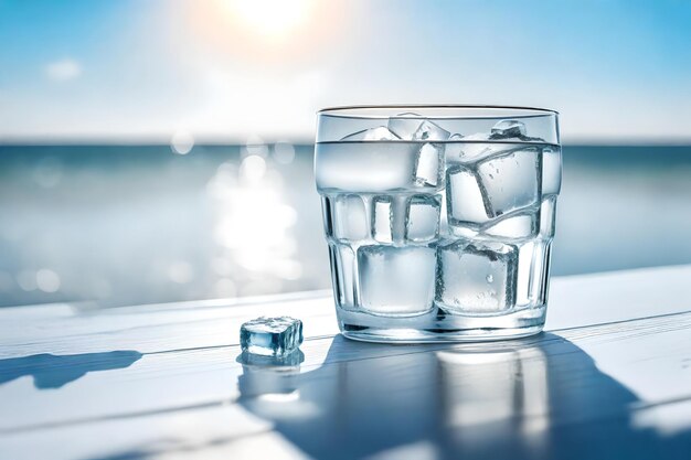 写真 氷水のグラスに氷の立方体が入っている