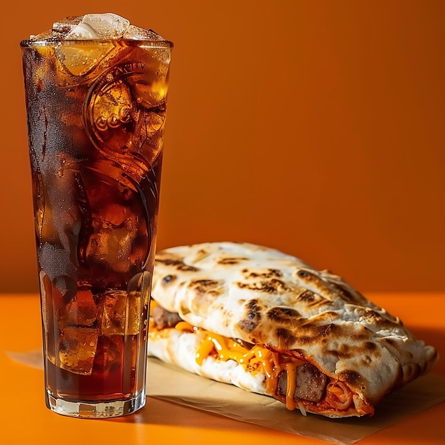사진 얼음과 얼음으로 된 차 한 잔과 피자 한 조각