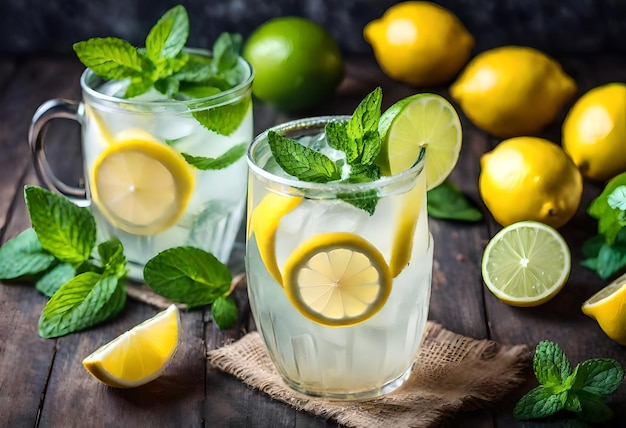 Фото Стакан лимонада с лимонами и листьями мяты