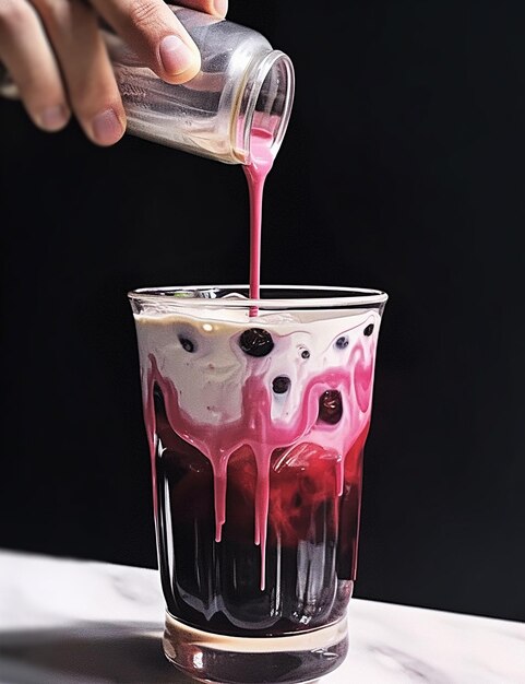 写真 赤い液体が注がれたミルクシェイクのグラス。
