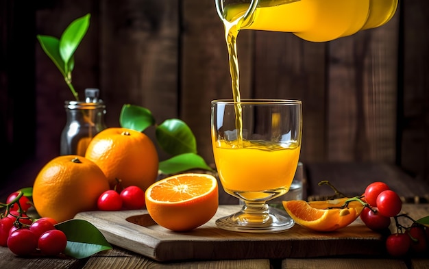 写真 グラスに注がれるオレンジジュースのグラス