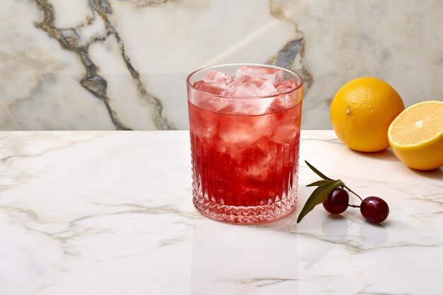 写真 大理石の背景の赤いジュースのグラス