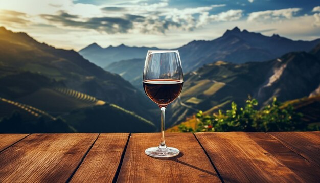 写真 山脈の前にあるテーブルの上の赤ワインのグラス