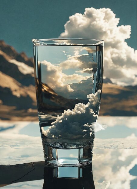사진 구름과 산을 배경으로 한 잔의 물