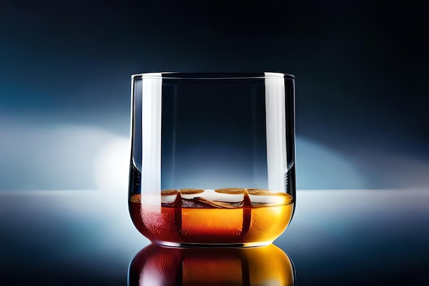 写真 ウィスキーの入ったグラスが反射面の上にあります。