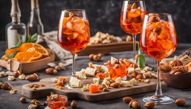 Фото Стакан вина с фруктами и орехами на столе
