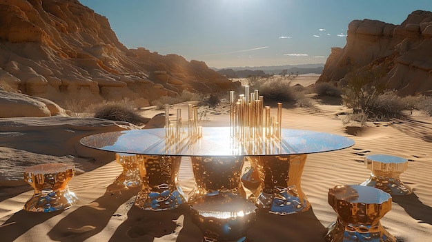 写真 砂漠 の 環境 に 置か れ て いる ガラスの クラシック な 王室 の テーブル と 椅子 に 太陽 の 線 が 照らさ れ て い ます