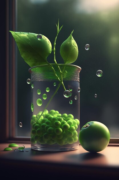 写真 緑のブドウと緑の液体を持つガラスの花瓶