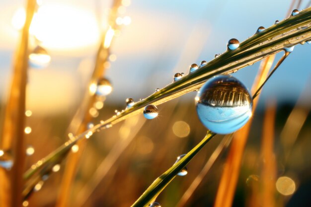 写真 輝く 朝 の 露 が 黄金 の 小麦 の 畑 に 落ちる