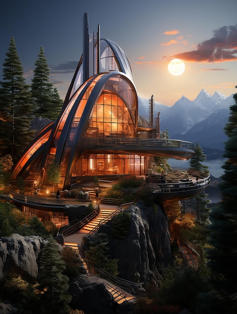 a_glowing_ship_shaped_futuristic_house_in_the_mountains