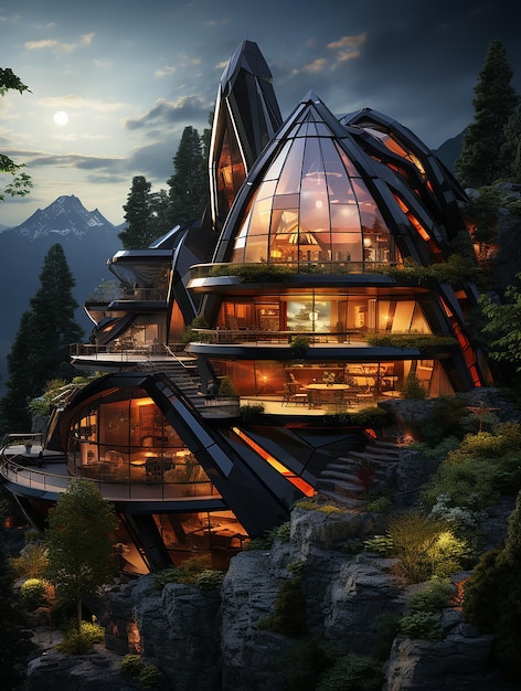 a_glowing_ship_shaped_futuristic_house_in_the_mountains