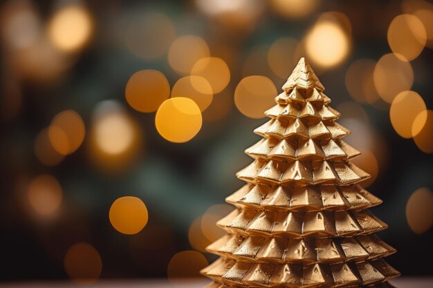 写真 木製のテーブルの上にある金色のクリスマスツリー