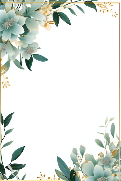 Фото Рамка золотого цвета с голубыми цветами и зелеными листьями. абстрактный фон листвы мятного цвета с