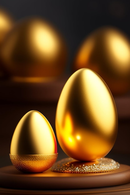写真 金のイースターエッグがテーブルの上に置かれ、その後ろに他の金の卵が置かれています。