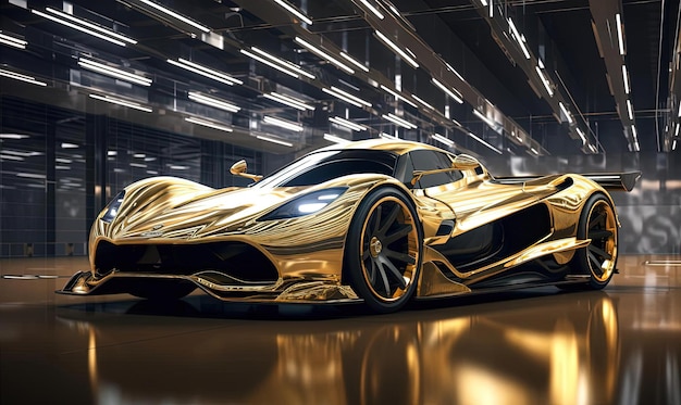 写真 ゴールドのレーシングカーが未来的な抽象画のスタイルでオープンガレージに座っています。