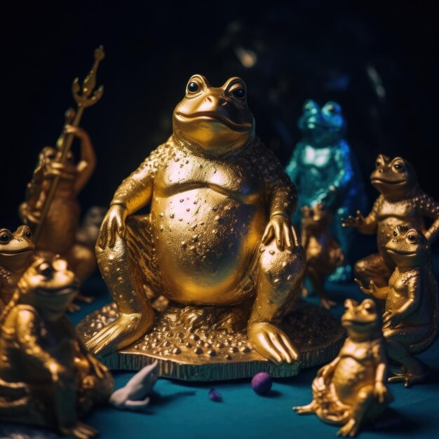 写真 他の像に囲まれたカエルの黄金の像