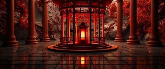Фото Золотой китайский новый год. 3d-изображение фанатов фонарей и подиумов в красном и золотом цветах.
