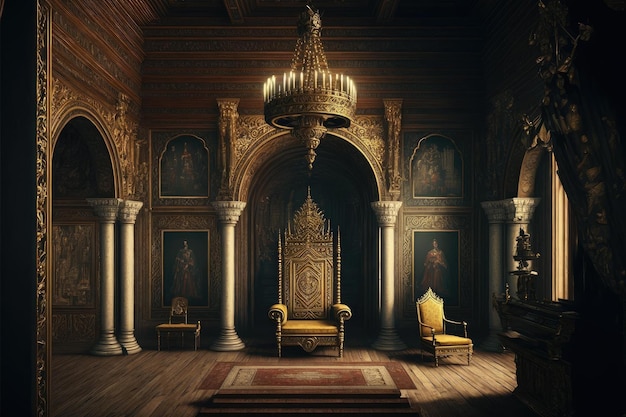 Фото Золотая филигранная тронная комната в средневековом замке, где король сидит на троне, замысловато оформляет стены и потолок