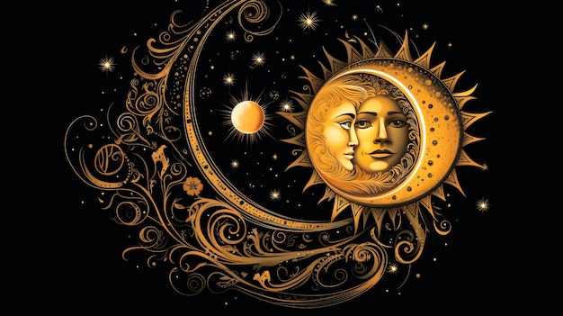 Фото Золотое солнце и луна с украшенными рисунками на черном