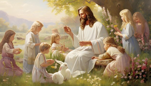 사진 예수 가 어린이 들 과 놀고 있는 모습 을 묘사 한 화려 한 현대 포스터