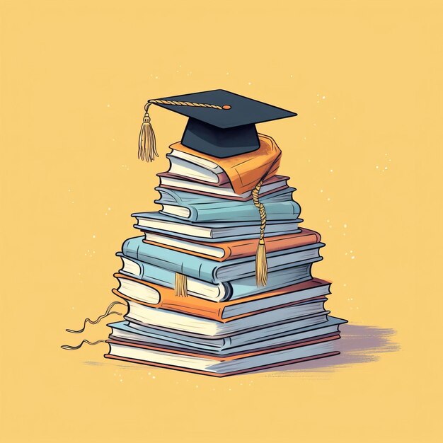 写真 変革の力を象徴する本の山にぶら下がっている卒業帽のタッセル
