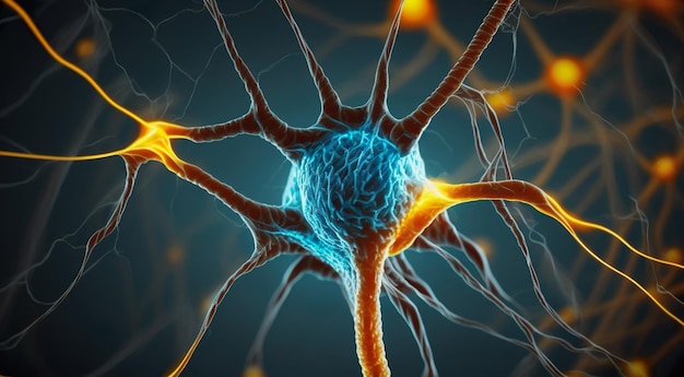 Изображение нейрона с синими огнями и надписью «нейрон» с левой стороны. |  Премиум Фото