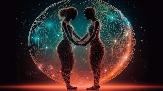Фото Изображение двух людей, держащихся за руки со словом «любовь» вверху.