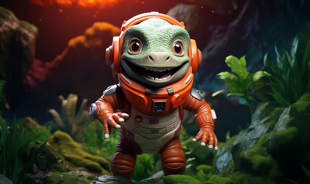 Фото Зеленая инопланетная игрушка с оранжевым носом и космическим костюмом