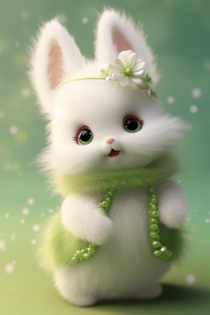 Фото Зеленый фон с кроликом и зеленым бантом.