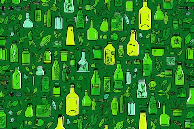Фото Зеленый фон с бутылками разных форм и размеров