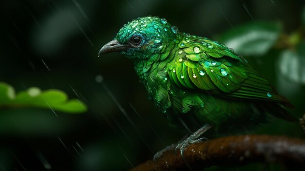 写真 翼に水滴をつけた緑色の鳥が雨の中に座っています。