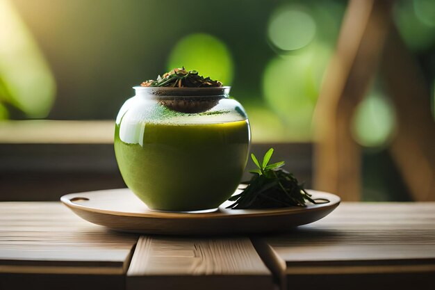 写真 側面に植物が付いた緑色の陶器の鉢