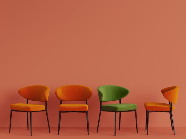 사진 오렌지 의자 중 녹색 의자. 미니멀리즘의 개념. 3d 렌더링