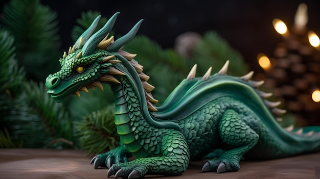 Фото Статуя зеленого дракона со словами дракон на ней