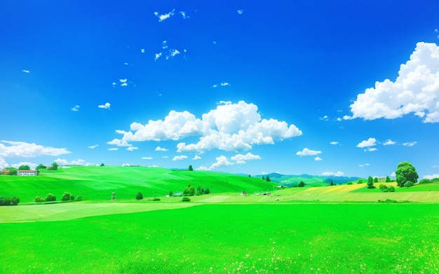 写真 青い空と雲のある緑の野原の壁紙