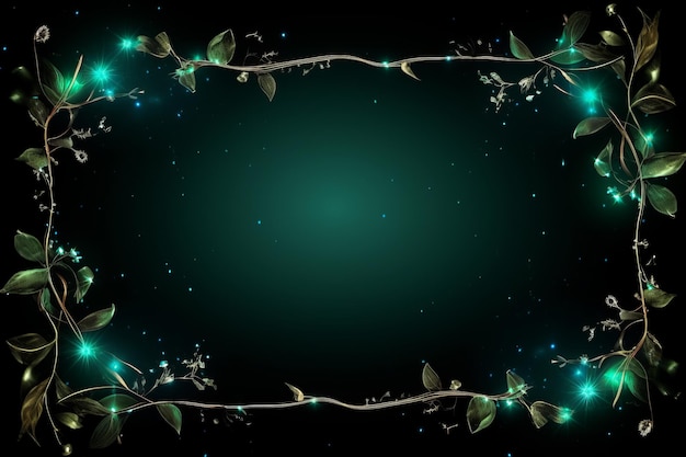 사진 검은 바탕에 빛나는 잎과 별이 있는 초록색 프레임