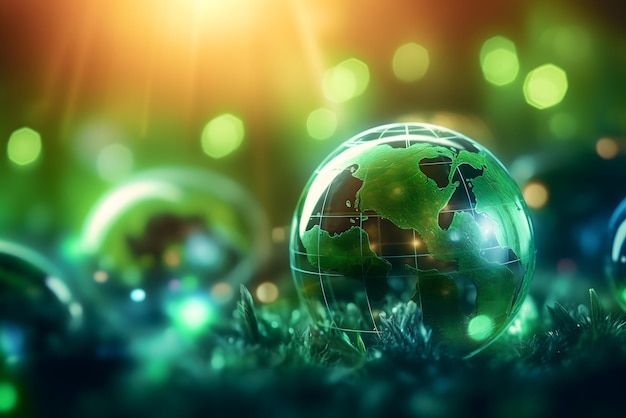 写真 緑色のガラスの球体に世界という文字が書かれています