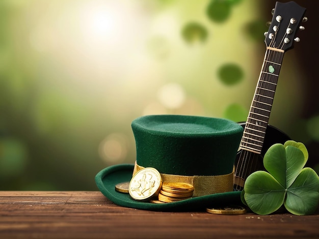 Фото Зеленую шляпу и зеленую шапку с зеленым луком и золотыми монетами