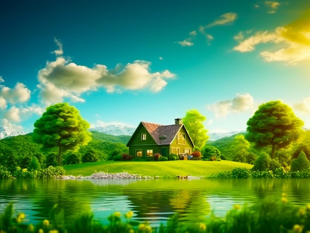 写真 背景に湖と木がある緑の家