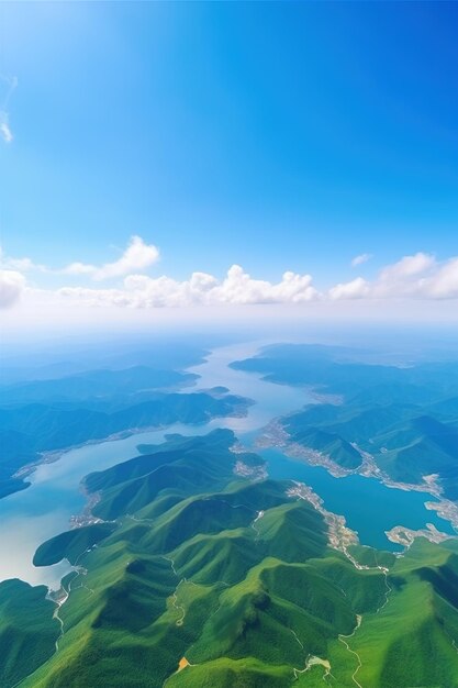 写真 川と青い空を持つ緑の山の湖