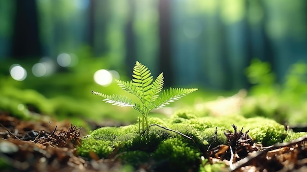 写真 森の地面に生える緑の植物