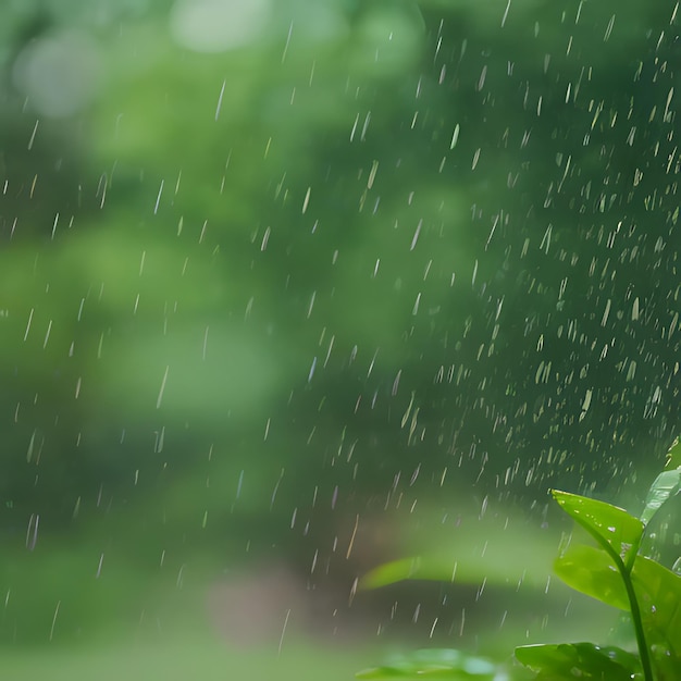 Фото Зеленое растение с каплями дождя на нем и размытым фоном деревьев