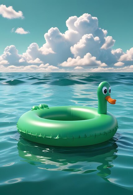 Фото Зеленая резиновая утка, плавающая в воде с зеленой резиновой уткой, плавающей в воде