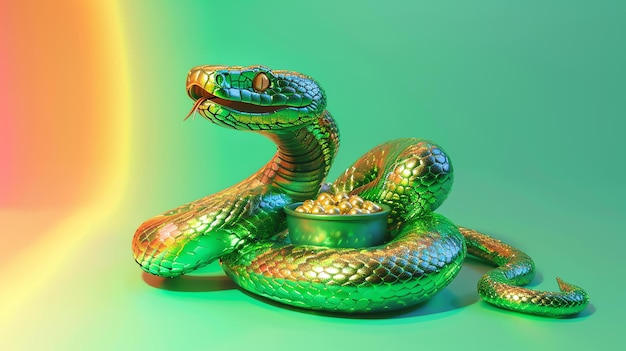 Фото Зелёная змея с золотым животом обернулась вокруг горшка золотых монет. змея смотрит на зрителя с высунутым языком.