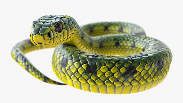 Фото Зелёная змея с желтыми и черными отметинами свернута на белом фоне. голова змеи поднята и она смотрит налево.