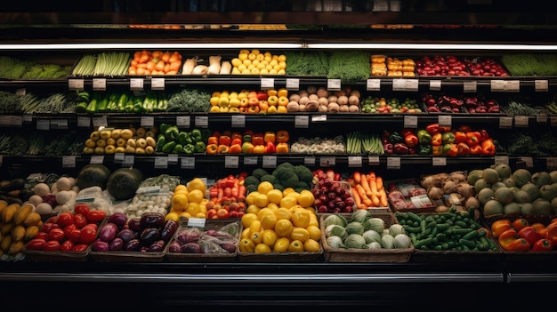 Фото Продуктовый магазин с выставкой фруктов и овощей.