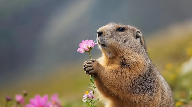 写真 春のトカゲは小さな野生の花の香りを吸う