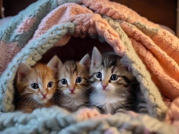 Фото Группа очаровательных котят, обнимающихся вместе в уютном коверном форте.