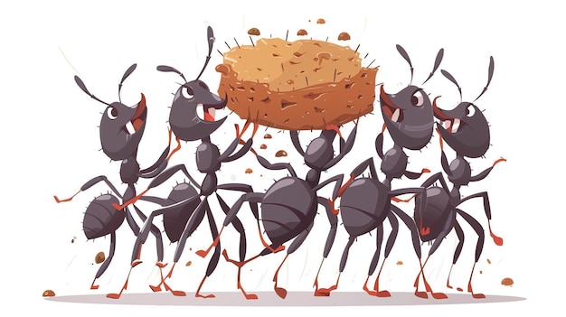 Фото Группа муравьев работает вместе, чтобы нести большой кусок пищи. они все улыбаются и, кажется, наслаждаются своей работой.